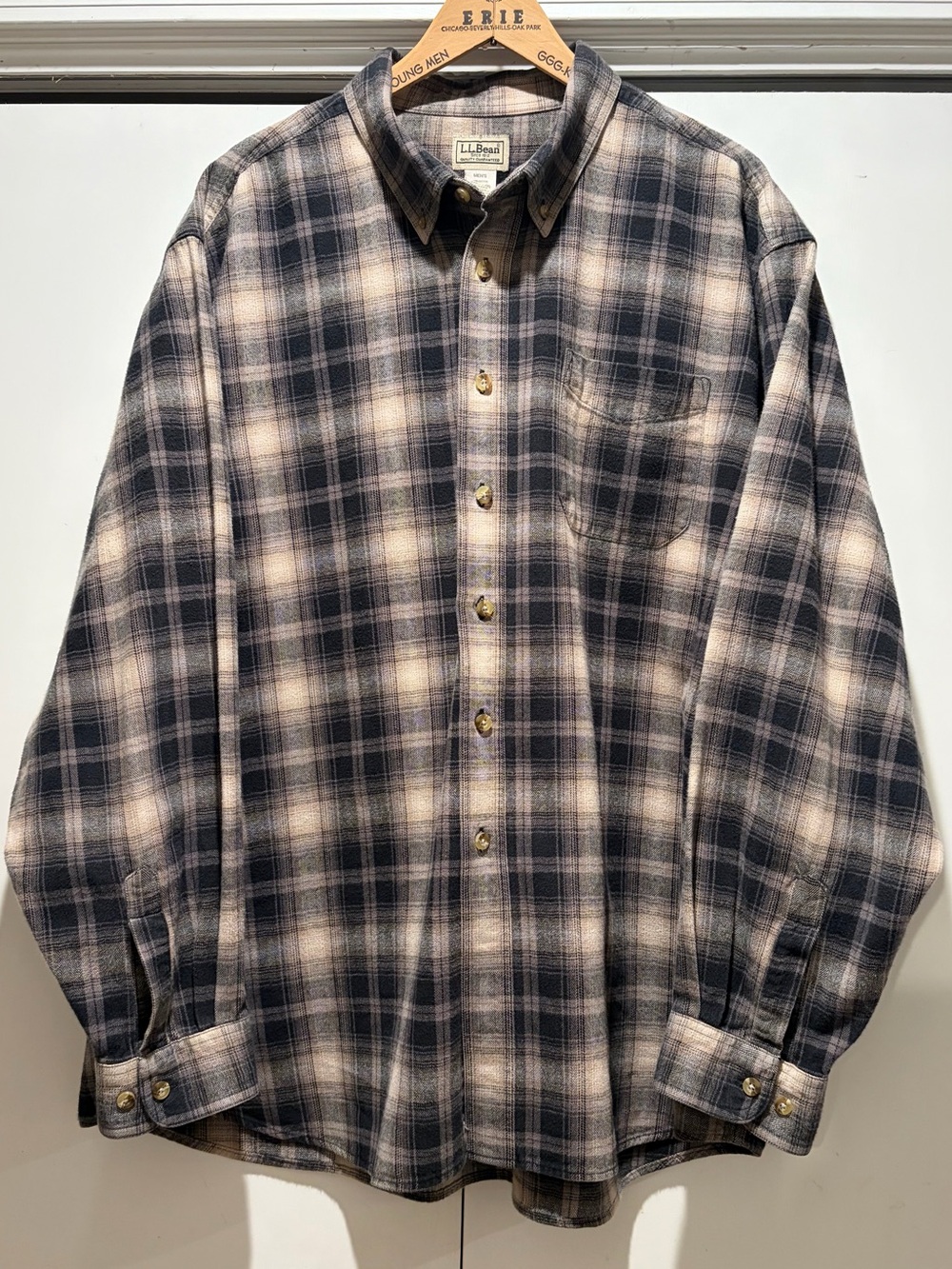 L.L.Bean Men’s 2XL Reg Gray/Beige Plaid Flannel Cotton LS Button-Up, Pocket
